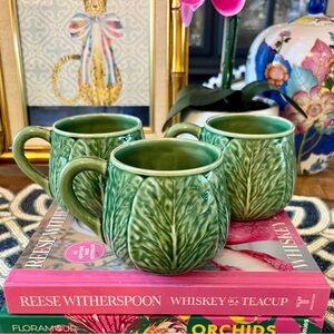 Set of 3 Bordallo Pinheiro Green Cabbage Leaf Mugs, hard find!